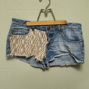 American Rag Blue Jean Shorts with Cream Crochet